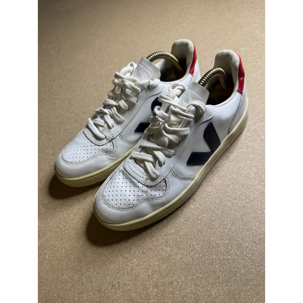 Veja V-10 Leather Sneakers White Navy Red Womens Size 7 EUR 38 Low‎ Top Shoes